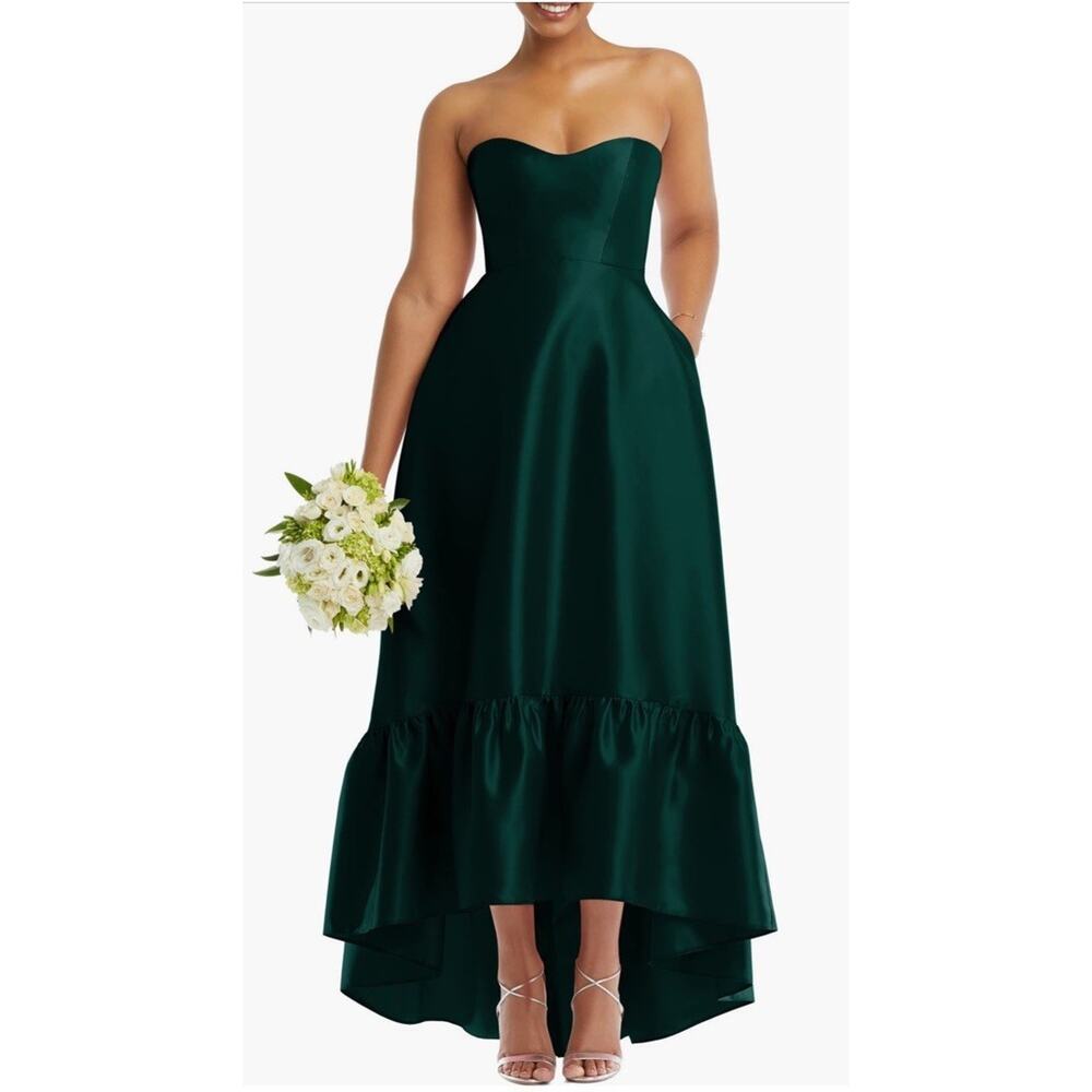 Alfred Sung Evergreen Strapless Ruffle High-Low Satin Gown Size 6 $269 D838 NWT